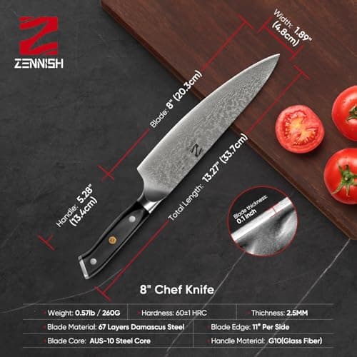 【Deal】 8 Inch Chef Knife, Damascus Kitchen Knife with AUS-10 Japanese Super Steel Core, 11 Degree Ultra Sharp Japanese Cooking Knife, Ergonomic G10 Handle & Gift Box for Professional Home BBQ - Thumbnail 2