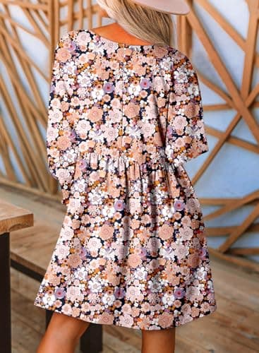 Dokotoo Spring Dresses for Women 2026 Casual Boho Floral Plus Size Dresses Cute Crew Neck Long Sleeve Empire Waist Mini Babydoll Dress Flowy Wedding Guest Tunic Shift Dress Black Medium - Thumbnail 2