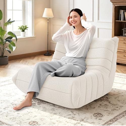 HABUTWAY Bean Bag Chairs Fireside Lazy Floor Sofa, Soft Teddy Fleece Bean Bag Sofa with High-Resilience Foam Filling，Beanbag for Living Room, Bedroom, Office (Beige Teddy) - Thumbnail 4