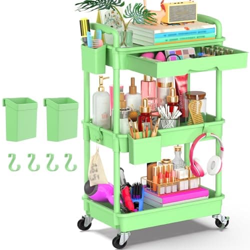 Goovilla 3 Tier Rolling Utility Cart Organizer with Removable Drawer, Stable and Sturdy Green Rolling Storage Carts with 2 Lockable Wheels for Bathroom, Kitchen, Snack, Craft, Makeup, Baby Essentials - Image 1