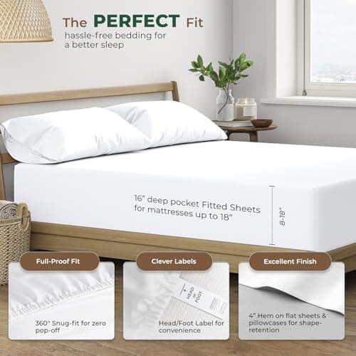 THREAD SPREAD 100% Organic Cotton Sheets California King Size - 4 PC Organic Cotton Cal King Size Percale Weave Sheet Set, Soft, Cooling & Crisp, 16" Deep Pocket Hotel Quality Bedding Set - White - Thumbnail 3