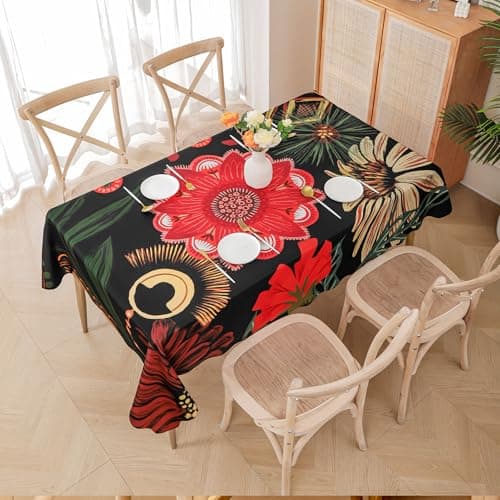 Tyrot Scalloped Black Red Boho Floral Rectangle Table Cloth Vintage Farmhouse Waterproof Stain Resistant Wrinkle-Free Tablecloth Indoor Outdoor Table Covers for Kitchen Dining/Party, 60x120 - Thumbnail 6