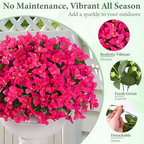 Yastouay 8 Bundles Artificial Flowers for Outdoors, Realistic Bougainvillea Fake Flowers for Outside, UV Resistant Silk Outdoor Faux Plants for Porch Patio Planter Front Door Garden Decor(Hot Pink) - Thumbnail 6