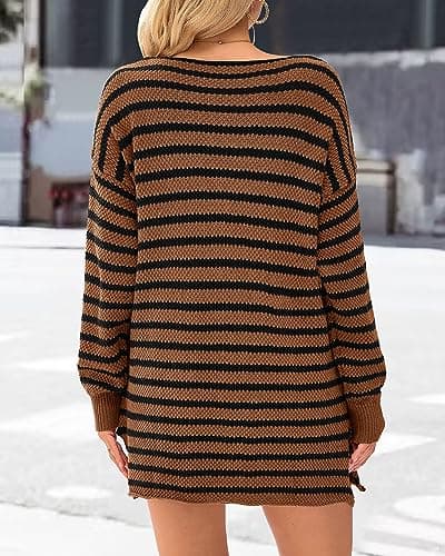 KIRUNDO Women's 2026 Fall Winter Oversized Long Sleeve Striped Sweater Casual Crewneck Side Split Pullover Knit Tops(Brown, X-Large) - Thumbnail 5