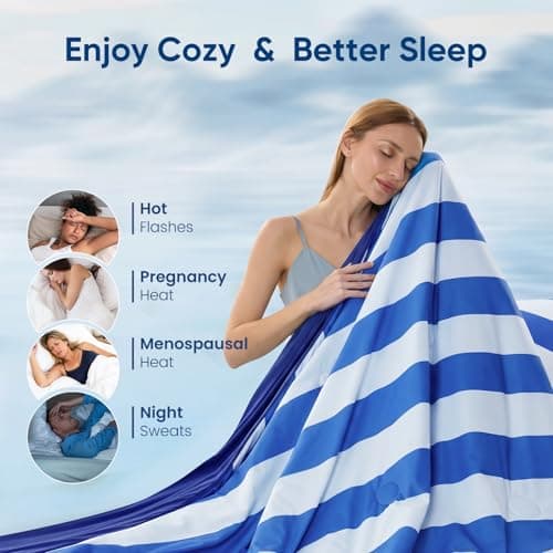 Snuggle Sac Mediterranean Stripe Cooling Comforter Twin Size Set, Q-Max ＞0.45 Cooling Blanket for Hot Sleepers & Night Sweats, Double-Sided Cool Tech Lightweight Breathable Summer Quilt, 68x90 Blue - Thumbnail 5