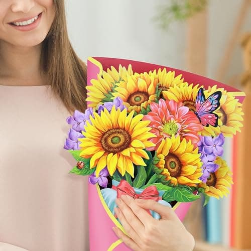Airpark 3D Paper Pop Up Cards, Sunflower & Butterfly Forever Paper Flower Bouquet Pop Up Birthday Cards, Mother's Day, Thank you card, Get Well Gifts for Women Mom Teacher, Blank Notecard & Envelope - Thumbnail 5