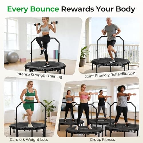 BCAN BT2 Rebounder Trampoline for Adult, 48" Fitness Trampoline with Bungees, U Shape Adjustable Foam Handle, Stable & Quiet, Indoor Outdoor Workout-48Inch-Deep Black - Thumbnail 6