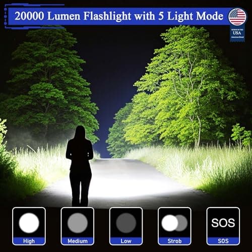 Jayxinli Rechargeable Flashlights High Lumens, High Powered 20000 Lumen Flashlight with 5000mAh Battery, LCD Display, 5 Modes, Zoomable, IP67 Waterproof, LED Flash Light for Camping, Dog Walking - Thumbnail 2