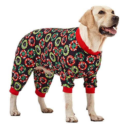 LovinPet Dog Christmas Onesies for Large Dogs, Xmas Holiday Dog Costume,Long Sleeve Lightweight Pullover, Joy Holiday Wreaths Black Prints, Pjs for Dogs, Pitbull Clothes, Christmas Outfit, XL