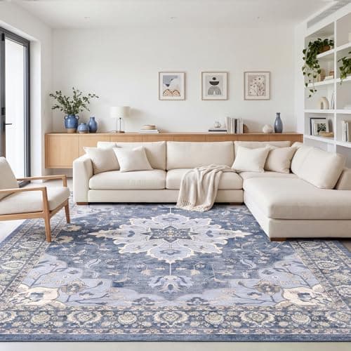 YBYX 10x14 Area Rugs for Living Room, Machine Washable Boho Vintage Rug, Waterproof Surface & Non-Slip Backing, Foldable Soft Low Pile Floral Medallion Carpet for Bedroom Dining Room