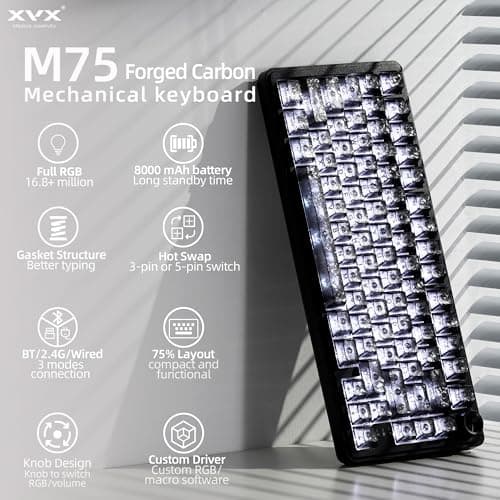 HITIME XVX M75 75% Wireless Gaming Mechanical Keyboard, BT5.0/2.4GHz/USB-C,Hot Swappable Creamy Switches, Gasket Structure,RGB Backlit Keyboard w/Knob for PC/Laptop/Xbox/PS4/PS5, Black Forged Carbon - Thumbnail 2