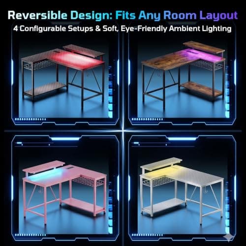 Bestier Gaming Desk with Power Outlets, 42" L-Shaped Computer Desk with LED Lights, Desk with Reversible Storage Shelves & Hooks for Small Spaces, Bedrooms & Offices, Black Carbon Fiber - Thumbnail 5