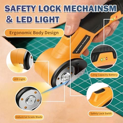 Electric Scissors, Cardboard Box Cutter with Safety Lock & LED Light, 2000mAh Battery, Tungsten Steel Blade, Storage Bag and Box, Suitable for Fabric Carpet Carton Plastic Leather Cloth - Thumbnail 3
