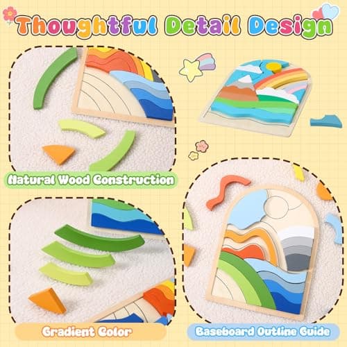 Safmord Montessori Wooden Shape Puzzles - Color Matching & Cognition Fun for Kids Over 3 Years Old, with Rainbow Blocks & Themes, Fine Motor Skill Building Toys & Gifts (3 Pack Colorful) - Thumbnail 6