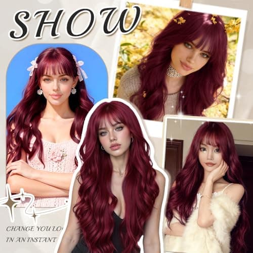 Potoki Long Wavy Burgundy Wig With Bangs Heat Resistant Synthetic Wigs For Women 26 Inch Free Soft Body Wave Red Wig With Natural Appearance Suitable For Beginners Festival Holiday Use - Thumbnail 6