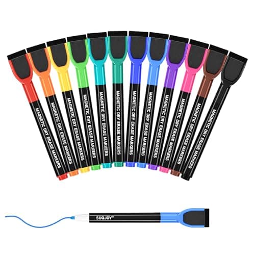SUQJOY Magnetic Dry Erase Markers, Fine Tip Whiteboard Markers with Eraser Caps, Low Odor, 12 Assorted Colors, for Fridge Calendar, 12 Count - Image 1