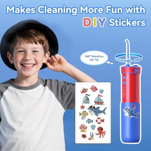 JTF Portable Water Flosser for Kids: 4 Gentle Modes for Ages 6+, Safe & Effective for Sensitive Teeth, Braces - with DIY Stickers, 4 Nozzles, Travel Bag, Mini Compact Oral Irrigator for Home & School - Thumbnail 5