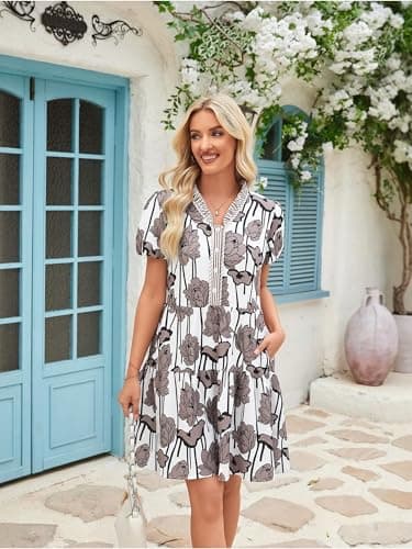 CCTOO Womens Casual Summer Dresses V Neck Button Floral Puff Short Sleeve Flowy Holiday Mini Dresss Brown Flower M - Thumbnail 5