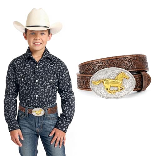 JKEEMI Kids Western Belt for Boys Girls, Embossed Genuine Leather Cowboy Cowgirl Belt for Jeans Pant Dresses Gift - Image 1