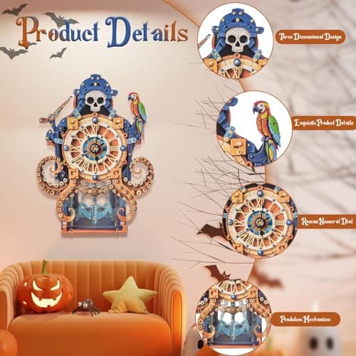 3D Wooden Octopus Pirate Puzzle Clock - Mechanical Model Kit with Anchor Pendulum & Pirate Theme, DIY Building Kit for Adults Teens, Vintage Wall Clock for Home Office Decor, Unique Gift for Men - Thumbnail 4