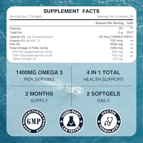 DRFOSTER Omega-3 Fish Oil 2000mg, High Content 1400mg Omega-3 with EPA & DHA, Easy-to-Swallow Softgels, Suppoets Heart, Brain, Immune Health, Non-GMO, 120 Softgels - Thumbnail 2