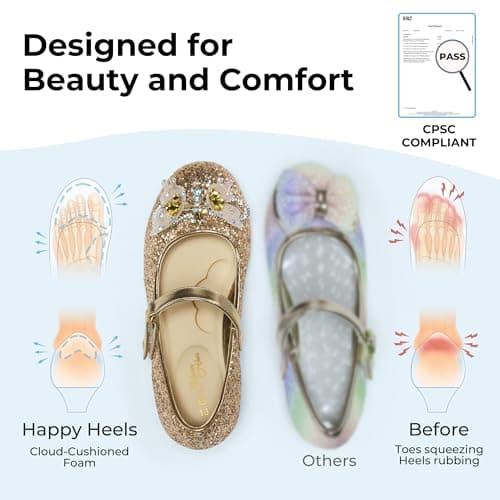 PATPAT Girls Dress Shoes Size 1 Big Kid, Gold Glitter Shoes with Butterfly Hair Clips, Sequins Rhinestones Bowknot Princess Low Heels Mary Jane Footwear Heels for Girls Dress Up - Thumbnail 3