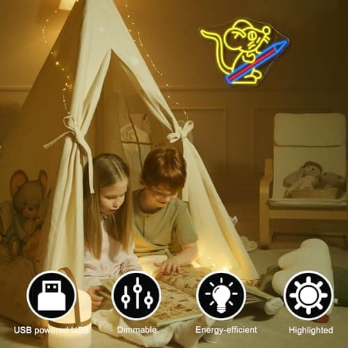 NXYX Pencil Neon Sign for Wall Decor Pencil Mouse School Neon Light Back To School Gift Back To School Gift USB Powered Led Light for Classroom Kidroom Dorm Wall Bookshelf Decor 11.8"*16.5" - Thumbnail 2