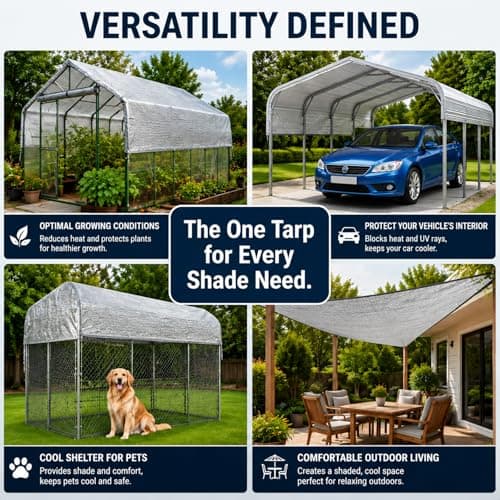 XiHaKey 10x25 FT 80% Aluminet Shade Cloth, Reflective Sun Shade Fabric with Grommets & Ball Bungees, UV Resistant Mesh Tarp Heat Blocker for Greenhouse, Carport, Dog Kennel, Patio, Camping - Thumbnail 5