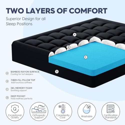 ELEMUSE Dual Layer 3 Inch Memory Foam Mattress Topper Twin, 2 Inch Cooling Gel Memory Foam Plus 1 Inch Down Alternative Pillowtop Mattress Pad with Cooling Cover, Soft Comfort Support, Black - Thumbnail 3