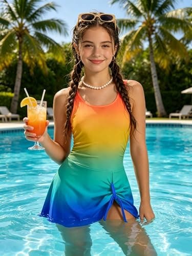 Bupekbee Girls Swimsuit 11-12Y One Piece Bathing Suit for Girl Black Swimsuit Adjustable Straps Padded Girls Swim Dress Swimwear - Thumbnail 2