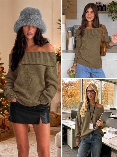 ATHMILE Brown Off the Shoulder Sweater Womens Oversized Spring Tops Batwing Sleeve Loose Pullover Fall Winter Outfits - Thumbnail 5