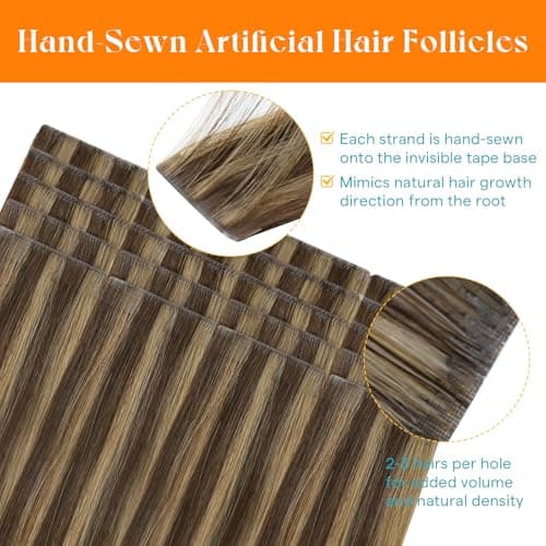 Sunny Hair Invisible Injected Tape in Hair Extensions Brown Highlight, 24inch 20Pcs 50g Real Human Hair for Women, Hand Sewn Natural Hair Extensions for Natural Volume and Glossy Shine - Thumbnail 2