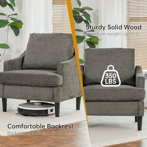 XYPFURN Accent Chairs Set of 2 for Living Room, Mid Century Modern Reading Chair with Side Storage Pocket, Comfy Upholstered Armchair with Solid Wood Legs for Bedroom, Office, Waiting Room (Gray) - Thumbnail 6