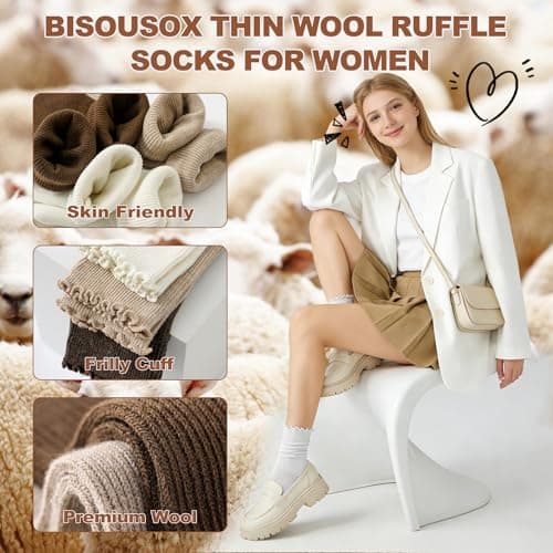 BISOUSOX Thin Merino Wool Ruffle Boot Socks Warm Winter Cozy Frilly Soft Casual Breathable Socks for Womens 5 Pairs - Thumbnail 4
