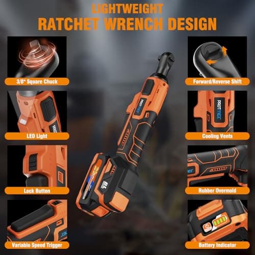 Protmex Cordless Ratchet Wrench Set (Brushless), 3/8" Electric Ratchet Wrench, 74 FT-LBS Torque, 0-400 RPM Variable Speed Trigger, Built-in LED, 21V with 2 x 2.0Ah Batteries, Charger & Sockets - Thumbnail 6