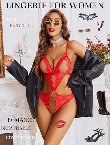 Avidlove Women Lingerie Lace Bodysuit Teddy Deep V Neck One Piece Babydoll Red XS - Thumbnail 5