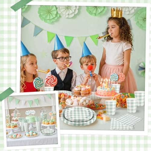 NatNarr 175 Pcs Gingham Paper Plates, Sage Green Baby Shower Decorations Include Sage Green Plates and Napkins Disposable Checkered Dinnerware Set for Bridal Shower, Wedding, Birthday - Thumbnail 6