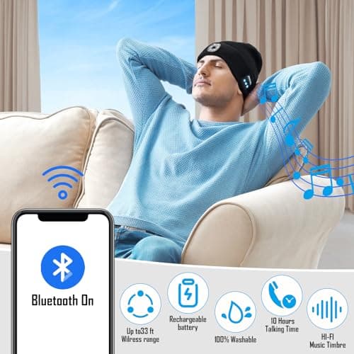 Gifts for Men, LED Bluetooth Beanie Hat, Anniversary Birthday Gift for Men Dad Him Husband Grandpa, Mens Gift for Camping Hiking Accessories Cool Gadgets Black - Thumbnail 6