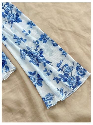 MakeMeChic Women's Floral Crop Tops V Neck Tie Front Ruffle Hem Long Sleeve Peplum Blouse Blue and White B Large - Thumbnail 2