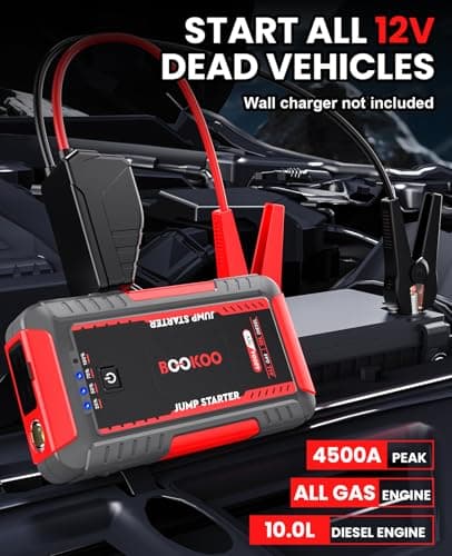 BOOKOO Portable Car Jump Starter, 4500A Car Battery Jump Starter for Upto 10L Gas and 8L Diesel Engines,12V Jump Box with Jumper Cables,USB QC3.0,LED Light - Thumbnail 2