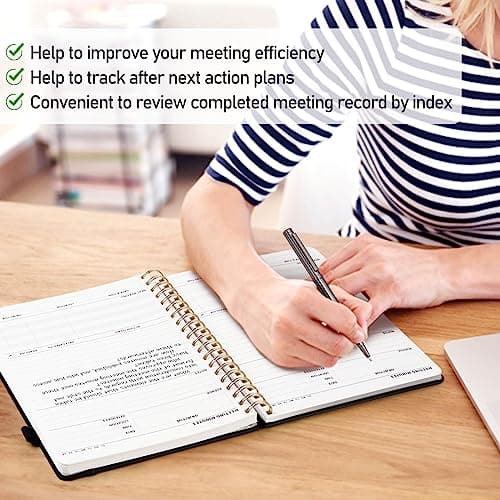 WEMATE Meeting Notebook for Work B5 (7"x10") - PU Leather Work Notebook with Agenda, Action Items & Notes - 200 Pages for Men&Women, Staff and Students, Meeting, Projects Planning - Black - Thumbnail 4
