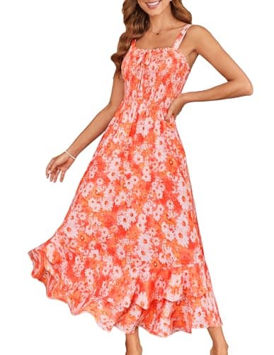 GRACE KARIN Women's 2026 Summer Floral Boho Dress Square Neck Strapped Swing A Line Sundress Beach Long Maxi Outfits Orange White 2XL - Image 1