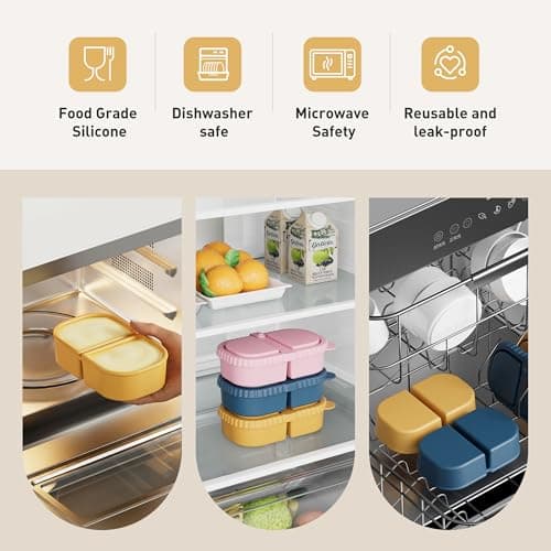 DRNKNSTX 3 Pack Reusable Silicone Snack Containers with Lids, 8.5oz 2 Compartment Snackle Box Containers, Ideal Portable Small Snack Pack Containers for School, Office and Picnic (Blue, Pink, Yellow) - Thumbnail 6