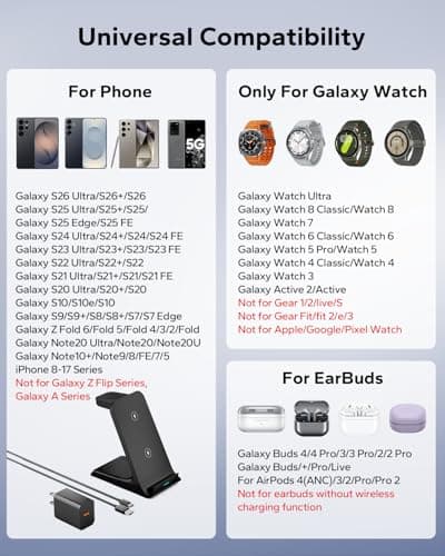 Eddibox 3 in 1 Charging Station for Samsung for Thick Cases of 10MM/Otterbox/Heavy Duty, Wireless Charger for Samsung Galaxy S26 Ultra/S25/S24, Phone Charger Stand for Galaxy Watch and Buds(Black) - Thumbnail 6