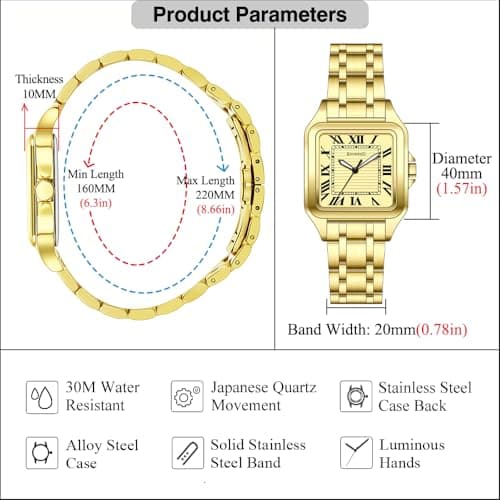 KNISKRED Classic Square Watch for Men with Vintage Roman Numeral and Solid Stainless Steel Band (Gold) - Thumbnail 5