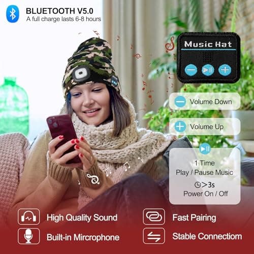SYMNTEM Rechargeable Bluetooth Music Unisex Beanie Hat with Light for Hiking, Camping, Running, Beanie Headlamp, Gifts for Men, Women, Dad, Him, Her, Husband, Birthday Gifts for Men, Camouflage - Thumbnail 2