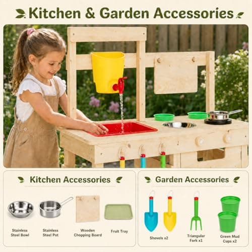 Wooden Outdoor Mud Kitchen for Kids, Waterproof Solid Wood Play Kitchen with Removable Faucet, Sink, Cutting Board, Toy Pots, Soil Cups, Magnetic Door and Storage Shelf - Thumbnail 5