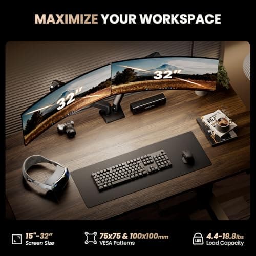 SIAGO Dual Monitor Stand, 15 to 32 Inch Monitor Arm, Adjustable Monitors Mount with C-Clamp and Grommet Installation, Made of Iron and Al, VESA Monitor Stand for Desk - Fits 4.4 to 19.8lbs Monitors - Thumbnail 6