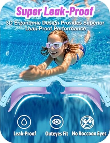 Vvinca Kids Swim Goggles, Swimming Goggles for Toddlers Kids 3-14 Outer-Eye Fit Anti-Fog UV Protection No Leak Soft Liquid Silicone Seal Anti Shattered Lens Pool Glasses for Boys Girls Teens Gift - Thumbnail 3