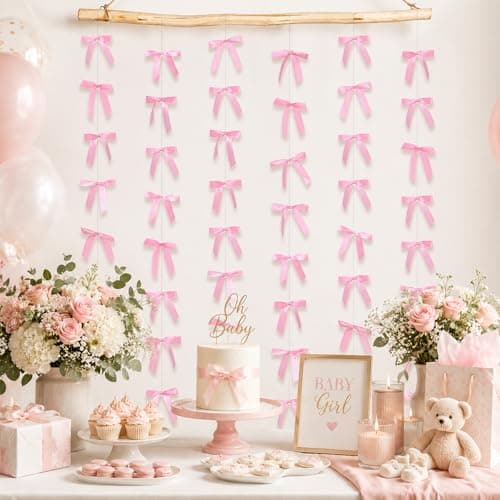 Pink Bow Garland Banner for Coquette Birthday Bachelorette Party Decorations Gift (6, Pink) - Thumbnail 6